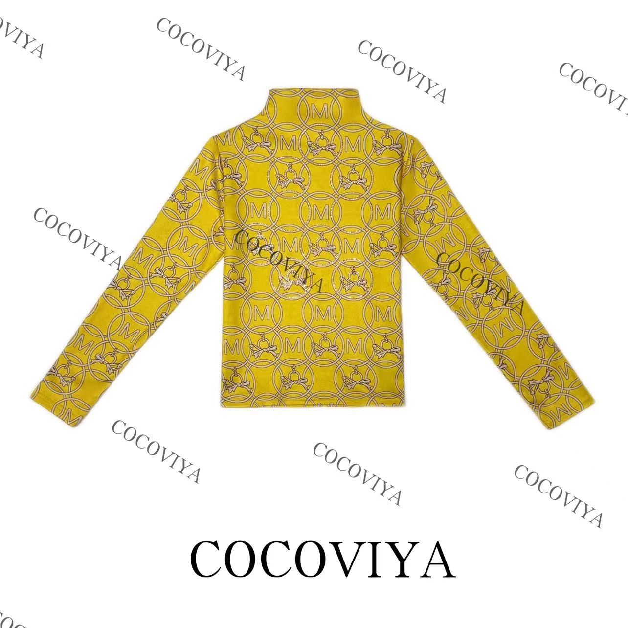 【CC】COCOVIYA明黄绮梦蝴蝶结M纹德绒长袖T恤时尚内搭上衣26C-938