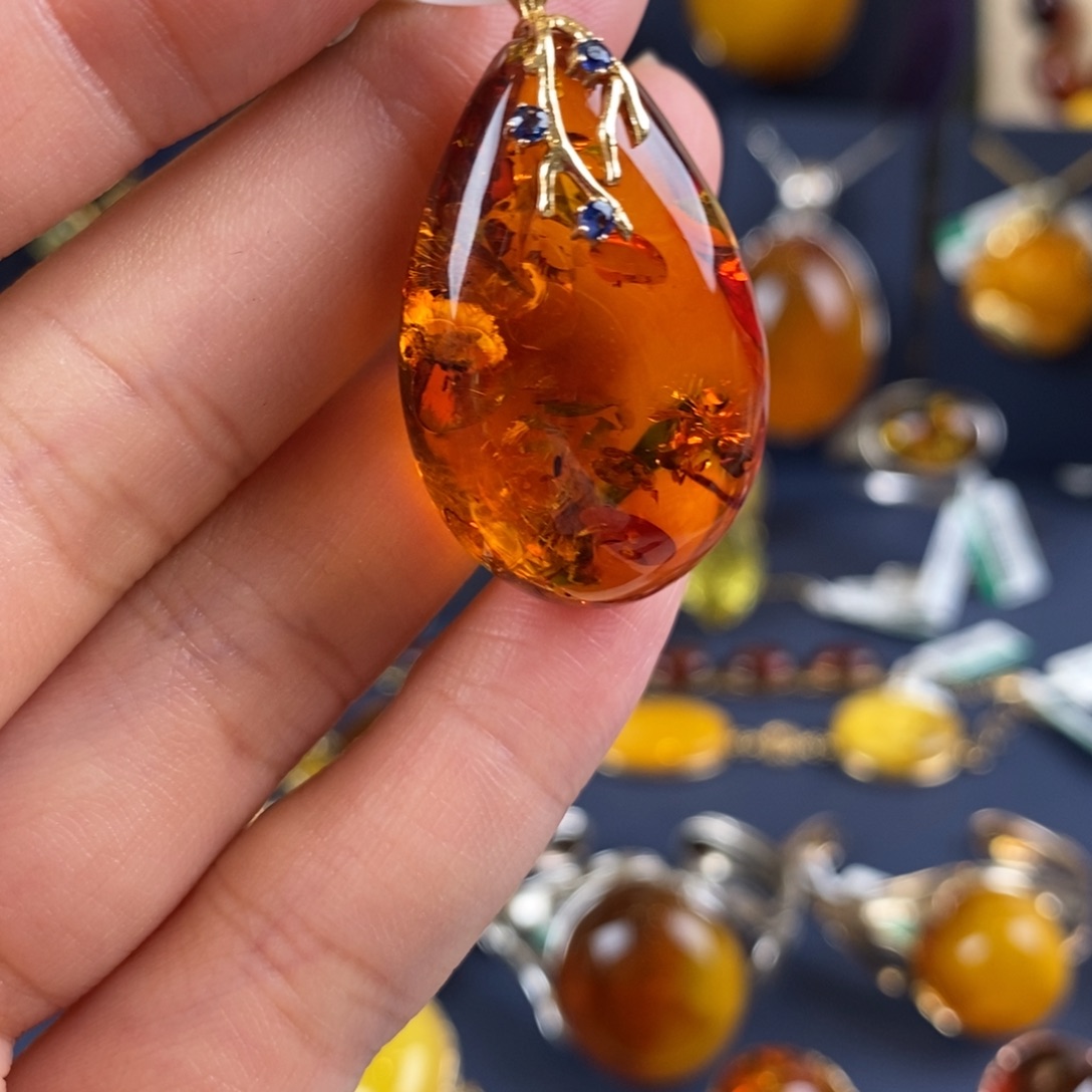 琥珀颈饰14K金镶嵌晓*复古