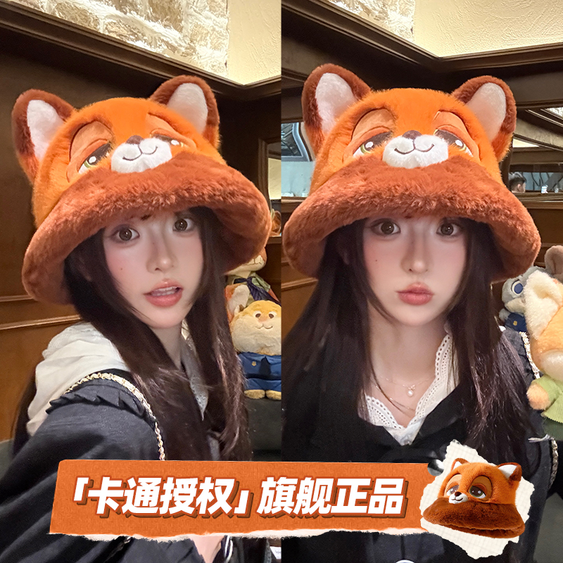 可爱狐狸帽子女2025新款大头围毛绒帽显脸小渔夫帽冬季保暖盆帽潮