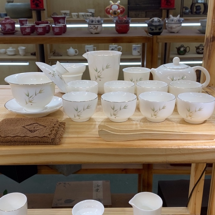 竹报平安羊脂玉茶具大套装