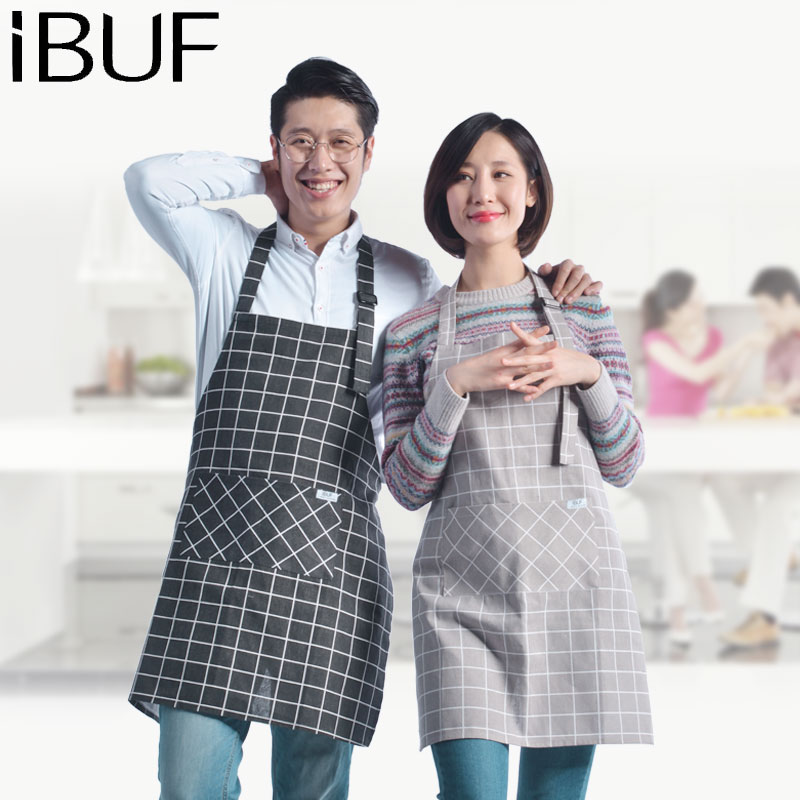 透气厨房卡通网格做旧条纹围裙罩衣韩版薄款时尚大小格咖色