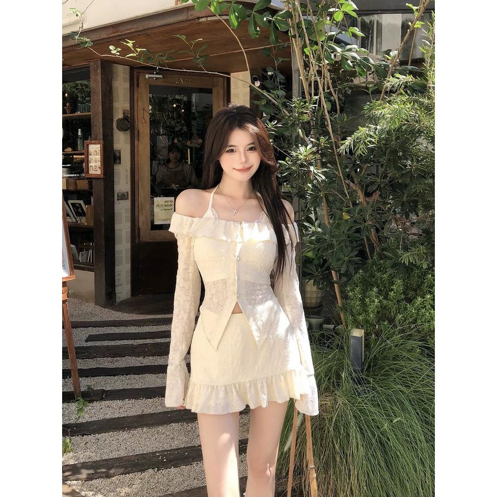 法式纯欲辣妹蕾丝开衫上衣吊带背心半身短裙女设计感连衣裙子套装