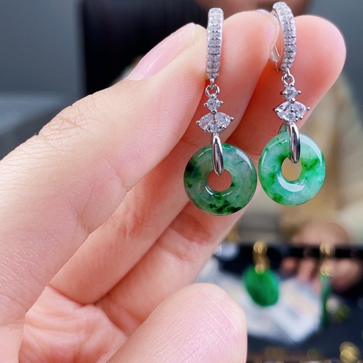 翡翠耳饰银S925镶嵌饰品