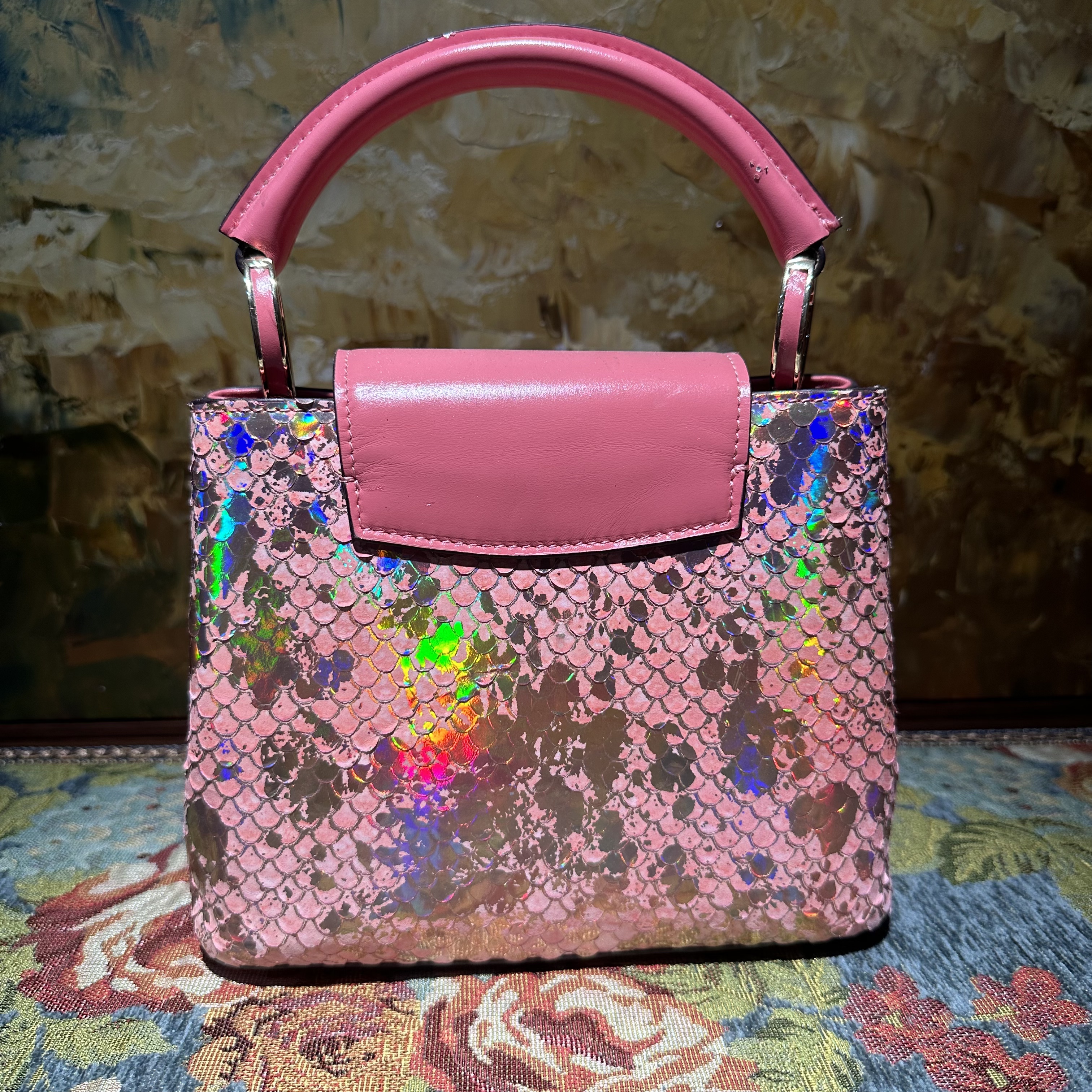 （燕子宠粉福利）通勤风民族风拼接斜挎包玫红拼色重工时尚手提包包