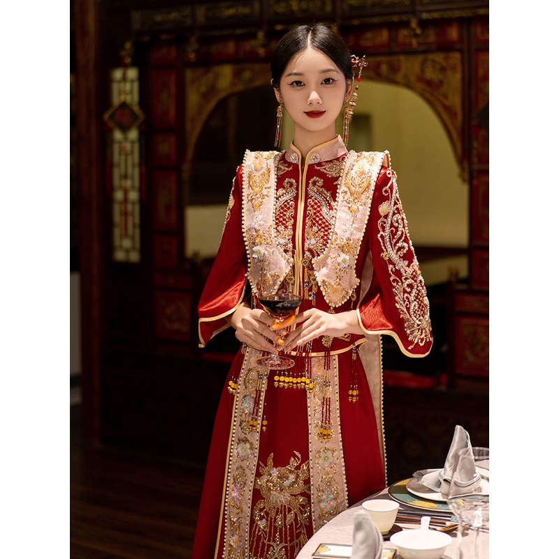 秀禾服婚服2025新款新娘嫁衣中式凤冠霞帔高级龙凤褂明制婚服051