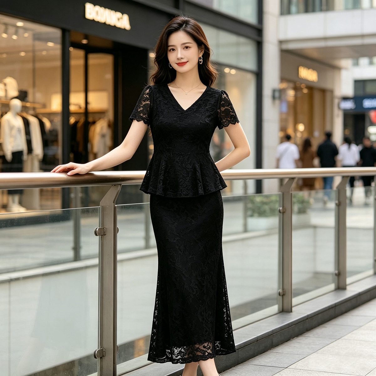 早秋上新轻熟风格V领蕾丝显瘦上衣与半身裙套装法式女装两件套商品图