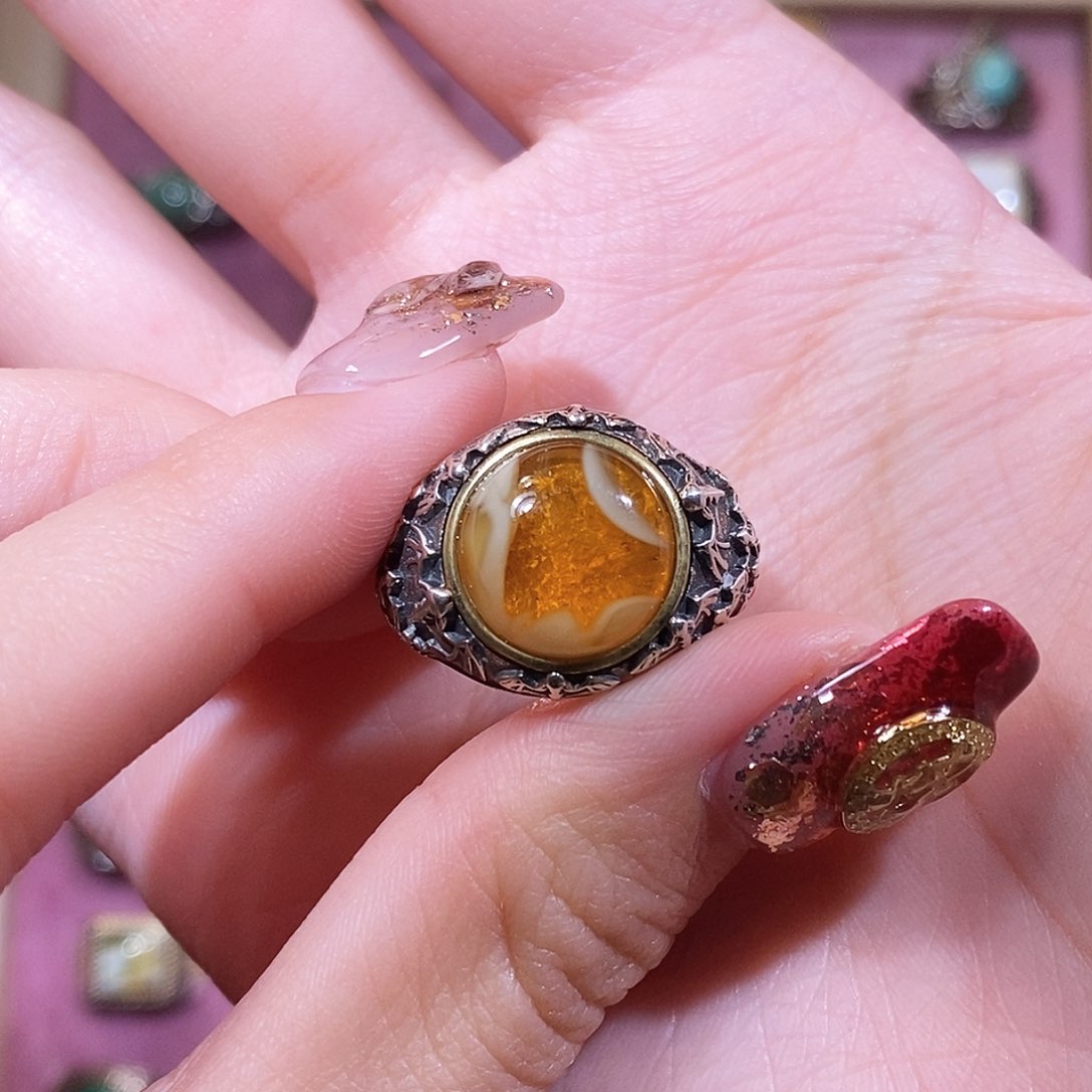 琥珀戒指银S925镶嵌高*高戒指