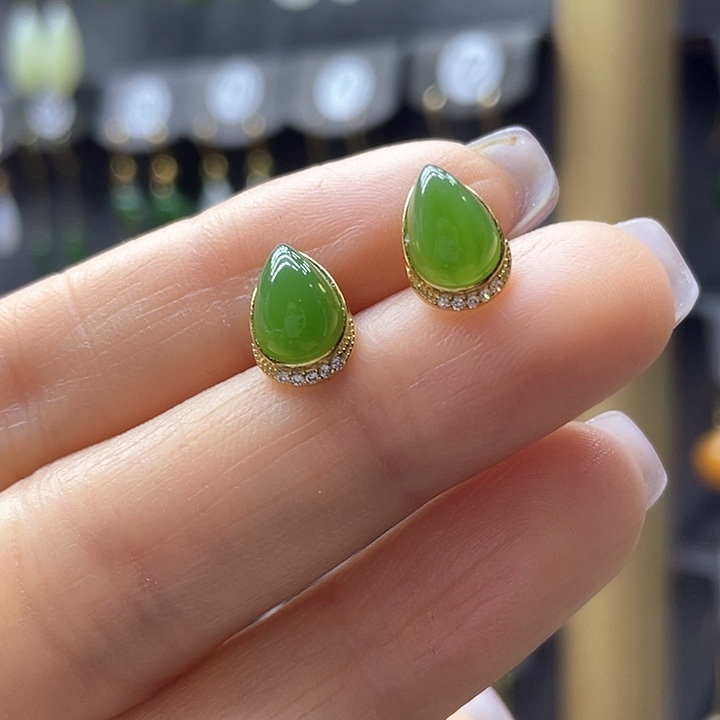 和田玉耳饰银S925镀金镶嵌