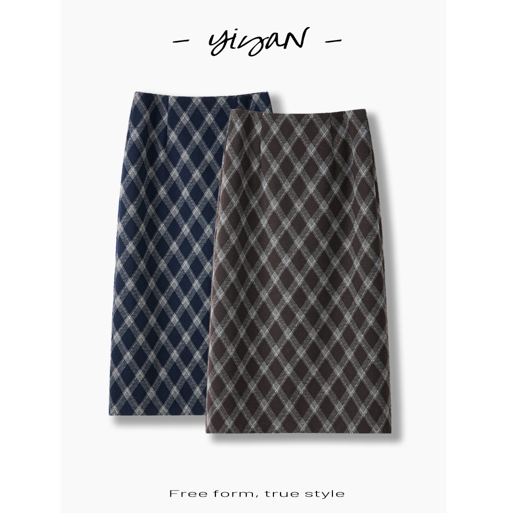 秋冬格纹半身裙毛呢菱形格中长裙韩系复古百搭气质设计感