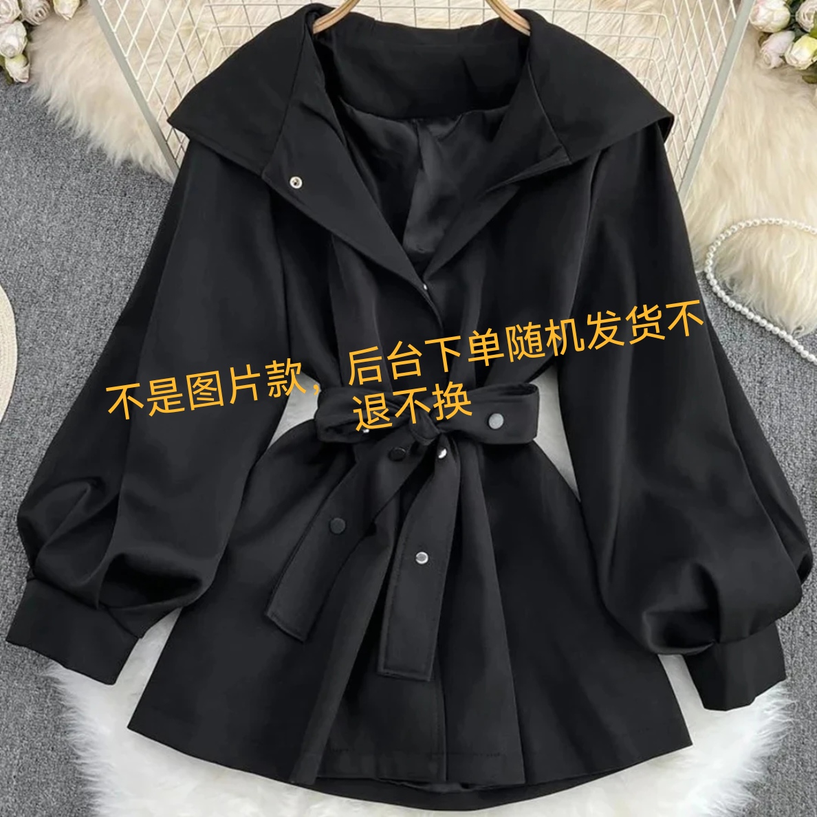 秋季小个子短款连帽收腰显瘦灯笼袖风衣外套