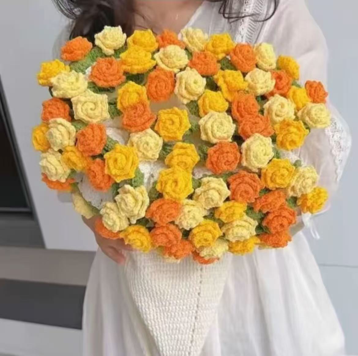 【新款花束雪妃尔毛线】玫瑰花束抱毯牛奶棉手工编织送礼材料包教程