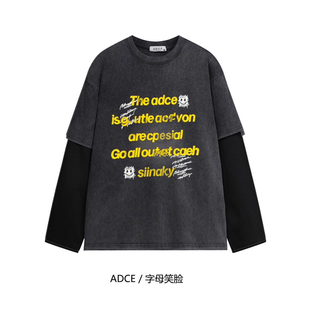 ADCE【长袖-字母笑脸】360克重磅洗水复古假两件长袖做旧美式上衣男