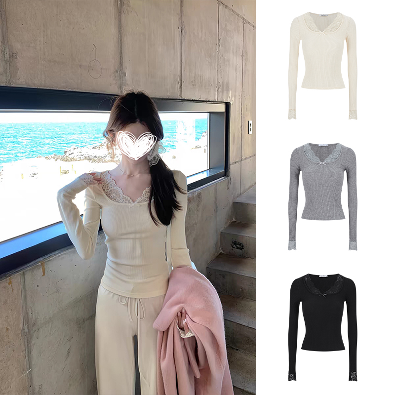 2025早秋新款法式方领蕾丝拼接打底衫女掐腰显瘦百搭长袖上衣女