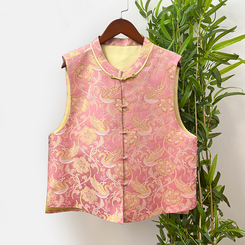 【粉色天鹅湖】新中式国风复古圆领对襟气质显贵春秋款宋锦女士马甲