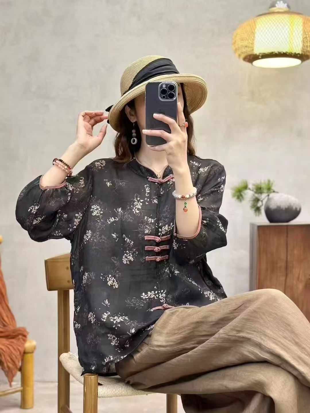 印花新中式七分袖宽松型夏季套头提花国风上衣