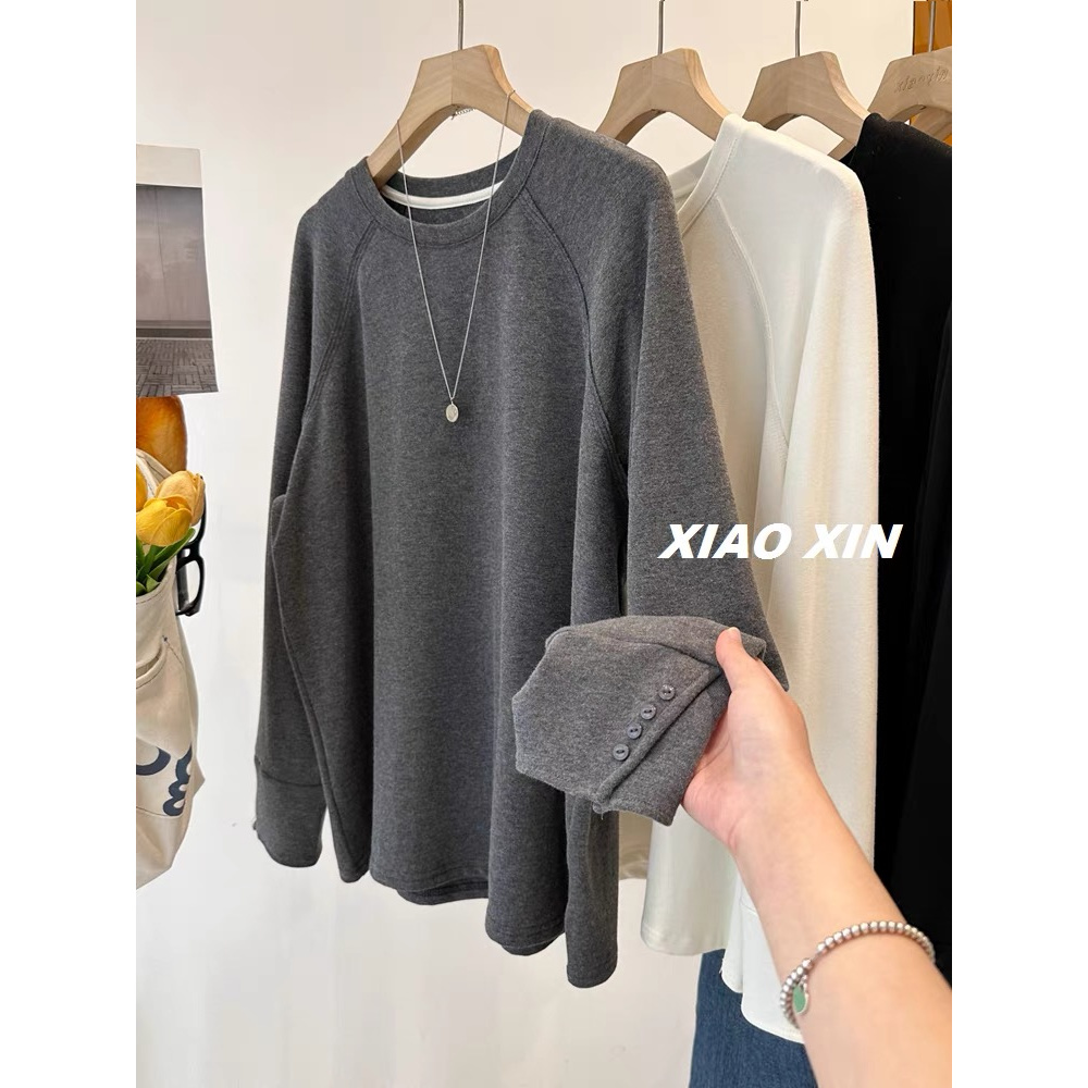 奥特莱斯~一折专区大码胖妹妹拼接纽扣德绒磨毛长袖T恤女2025新款