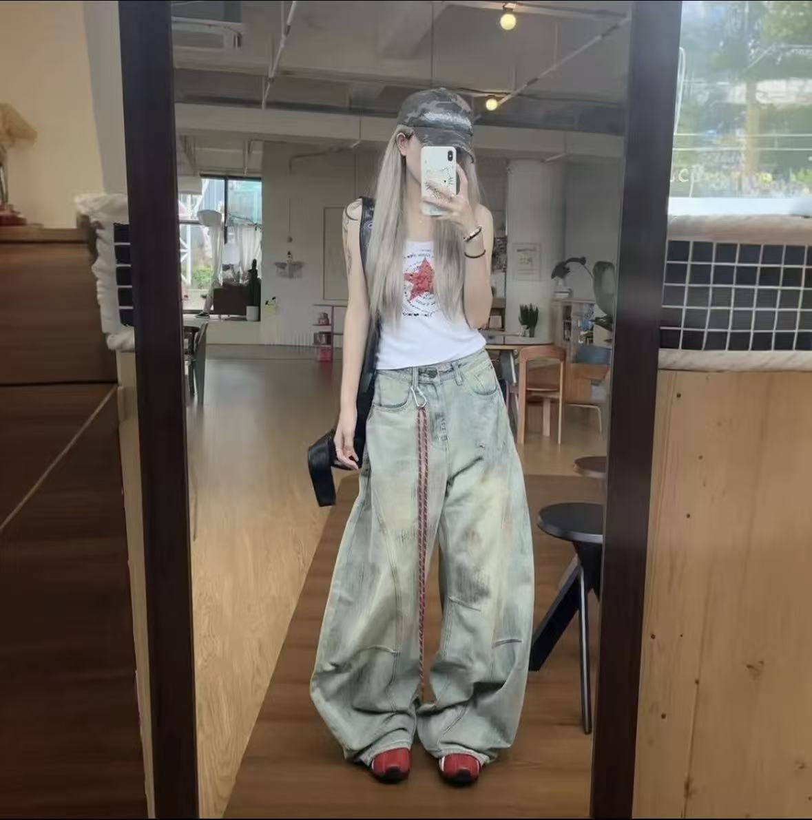 【现货+运费险+红绳】高腰做旧脏脏裤阔腿裤水洗美式风牛仔裤长裤