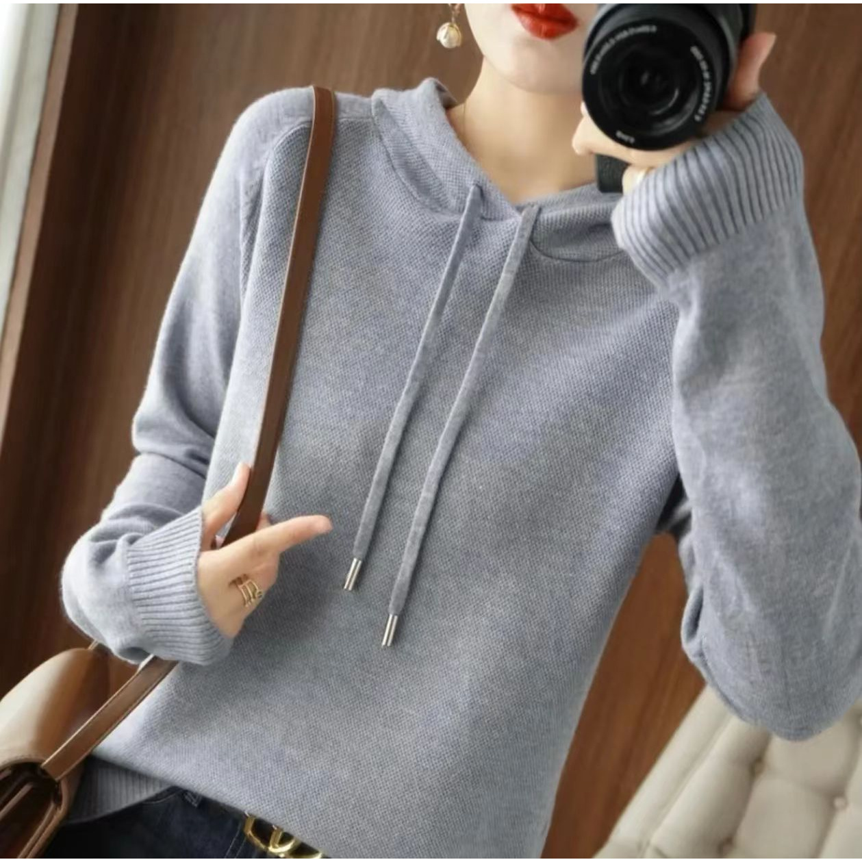 【羊毛】连帽2025新款帽打底针织休闲大码毛衣女护手