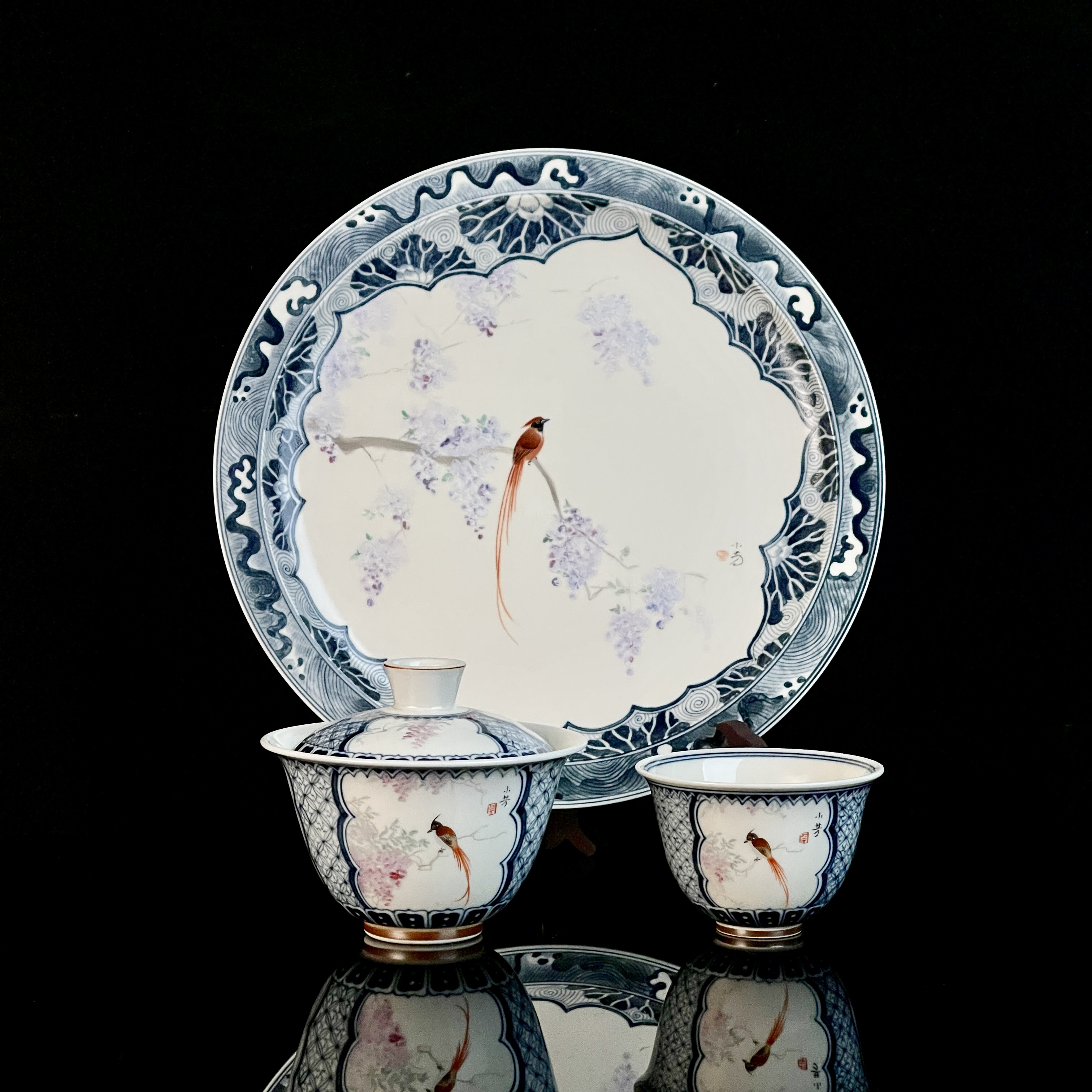 等于堂柴烧出品，小芳老师手绘，三面开窗花鸟一套，盖碗容量150毫升