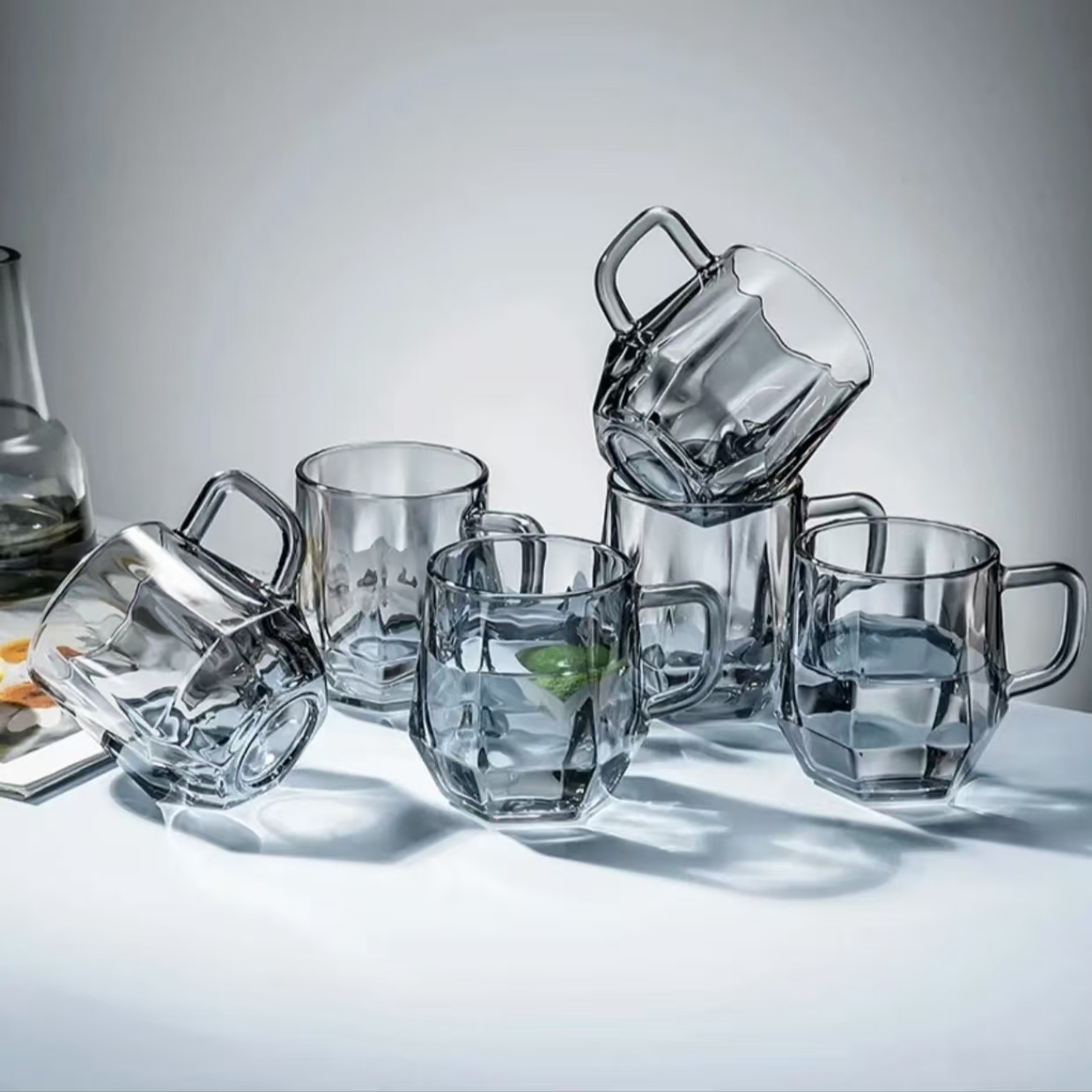 欧式轻奢网红钻石六角水杯加厚无铅耐热玻璃家用客厅水杯套装家用