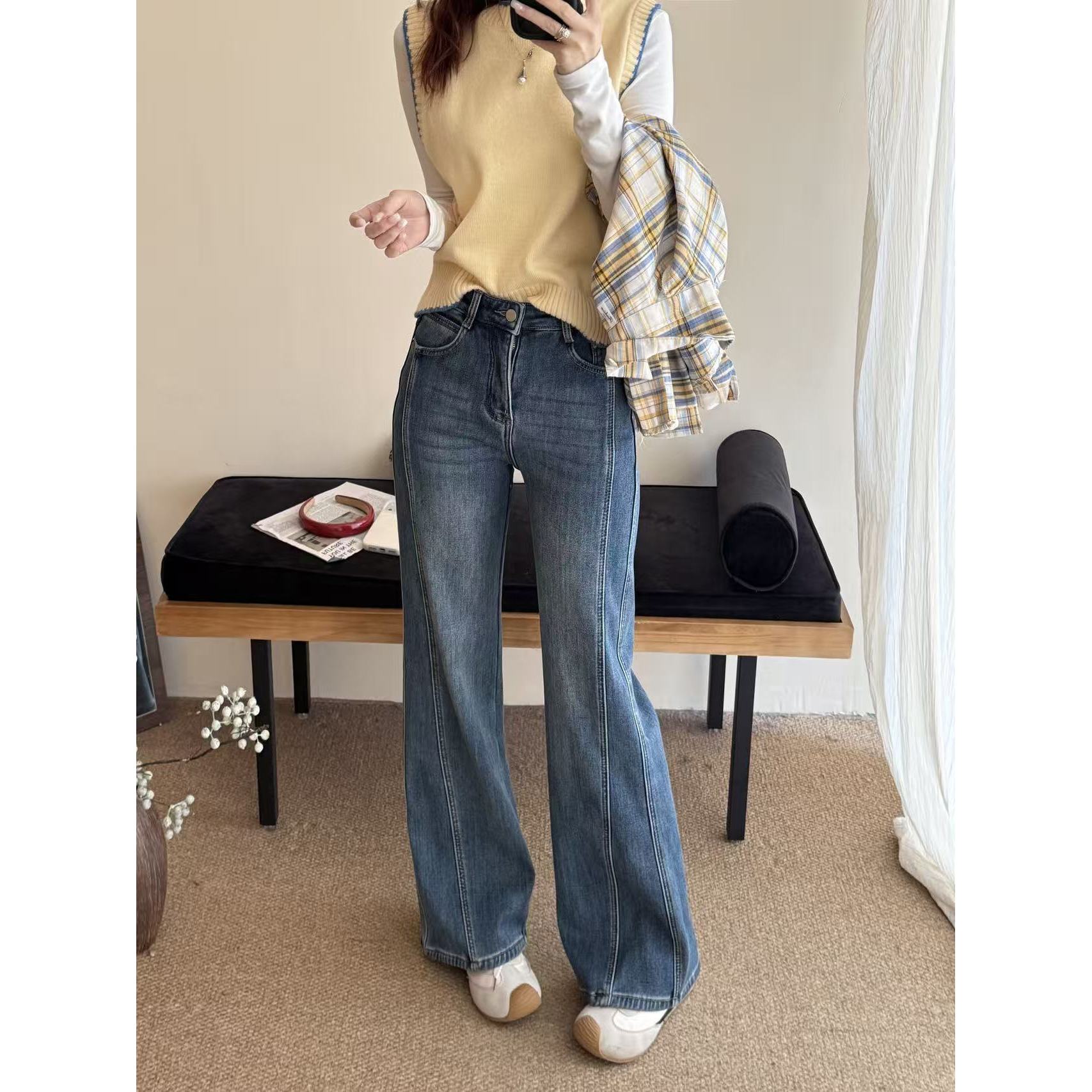 【水洗蓝拼接微喇厚绒牛仔裤】厚绒百搭休闲拼接微喇牛仔裤51-5