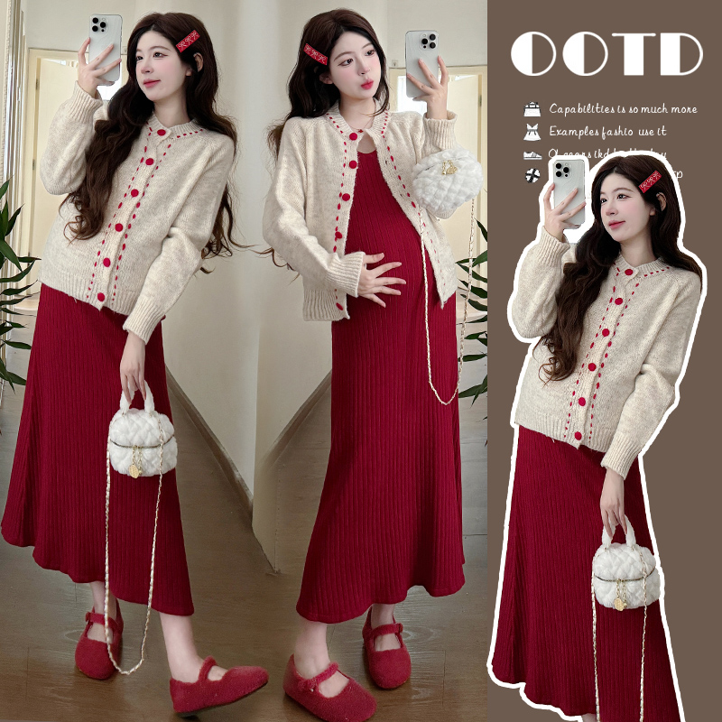 简约新款洋气秋冬季孕妇装高颜值时髦今年最火文艺范针织两件套女