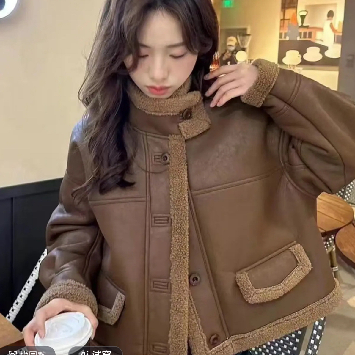 2910#【衣长55】加厚立领冬季女短款短外套时尚女装咖色拼接休闲