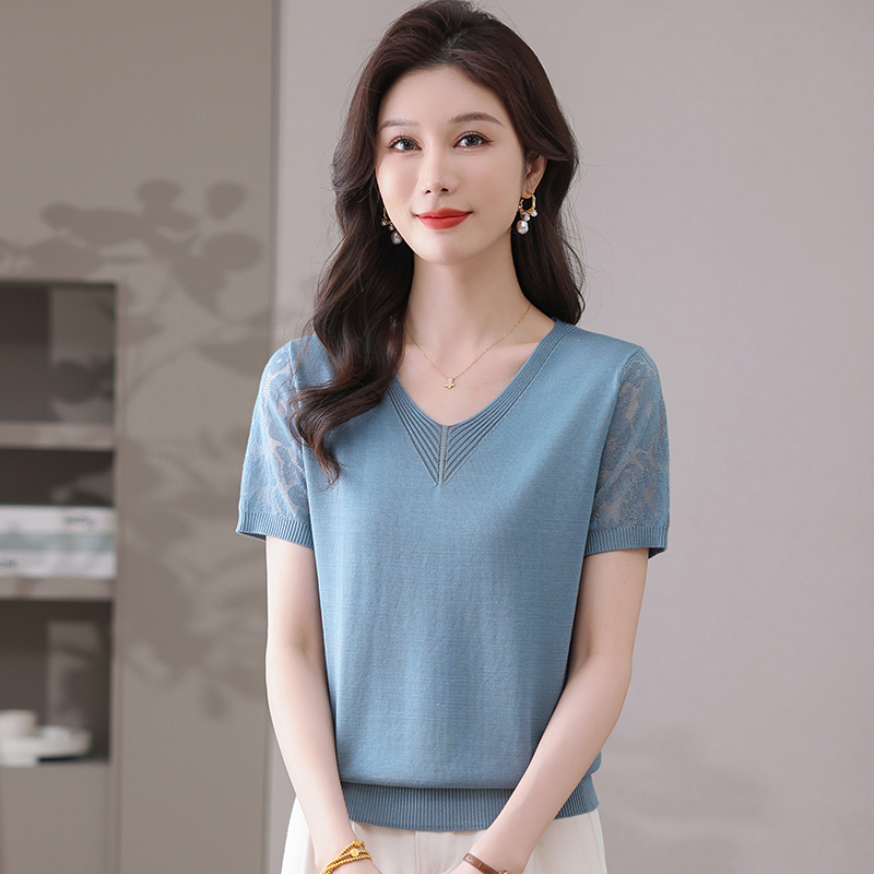 宽松女款时尚短裤显瘦外搭百搭纯色针织衫高贵洋气圆领薄款上衣