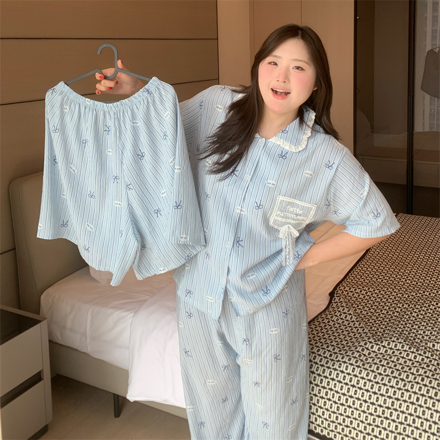 大码胖MM睡衣200斤三件套云朵棉蕾丝拼接蓝条蝴蝶结印花薄款