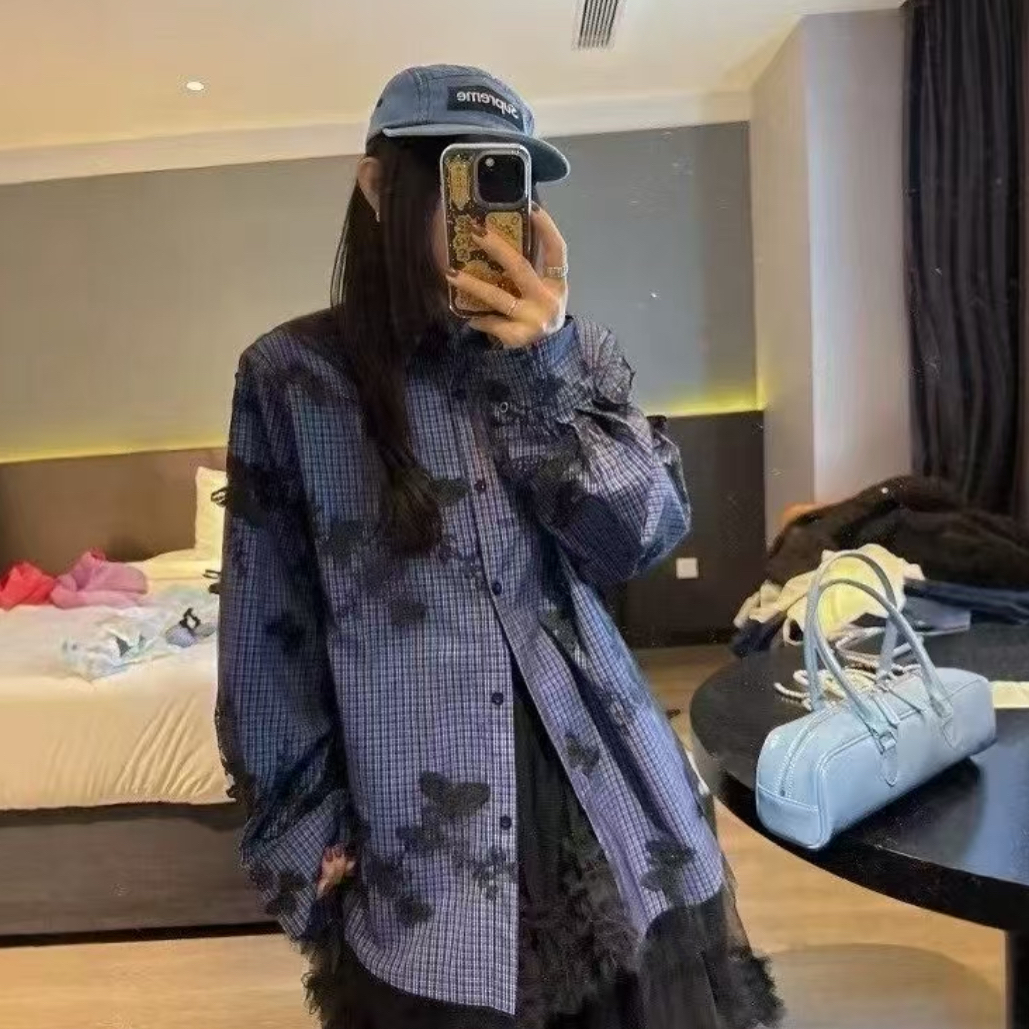 韩国东大门chic高级感蝴蝶刺绣网纱拼接格纹衬衫女宽松减龄上衣潮