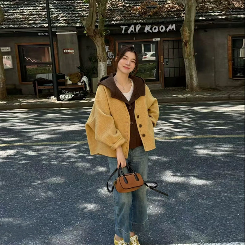 2025秋冬新款韩系时尚气质连帽两件套中长款休闲双面羊毛大衣女