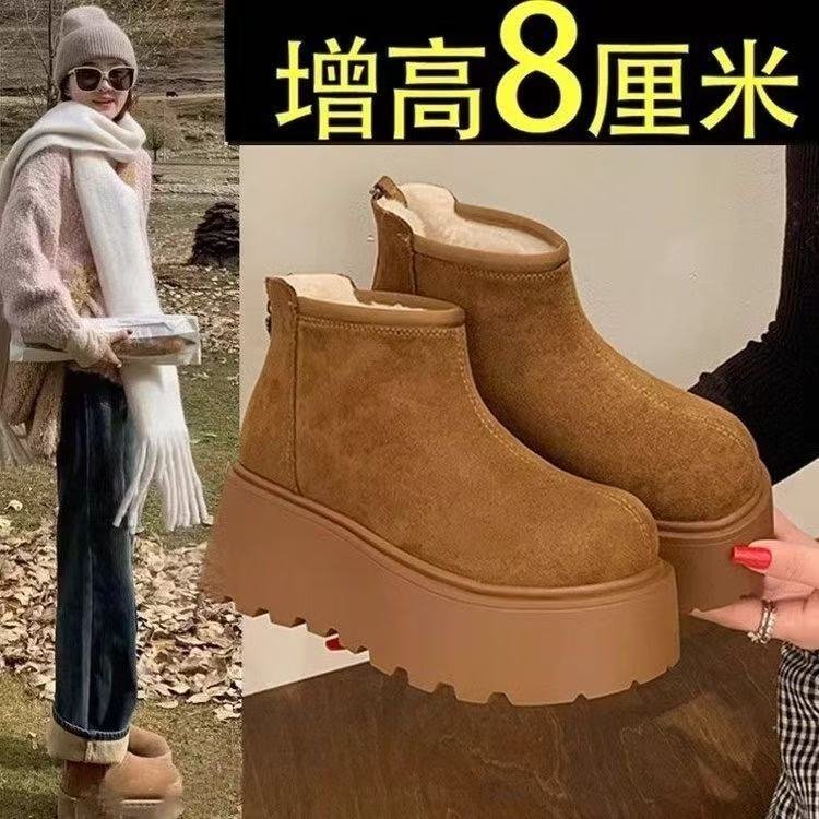 厚底雪地靴女2025年冬季新款小个子增高勃肯短靴百搭加绒保暖棉鞋
