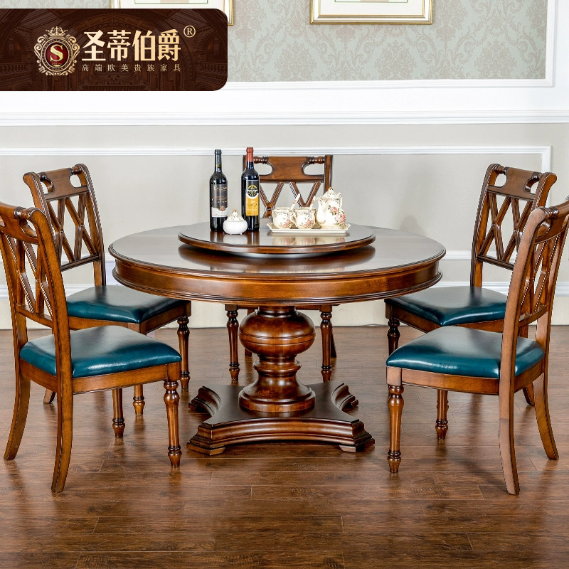 圣蒂 简约美式全实木圆餐桌椅组合复古餐厅1.35米6人吃饭桌子