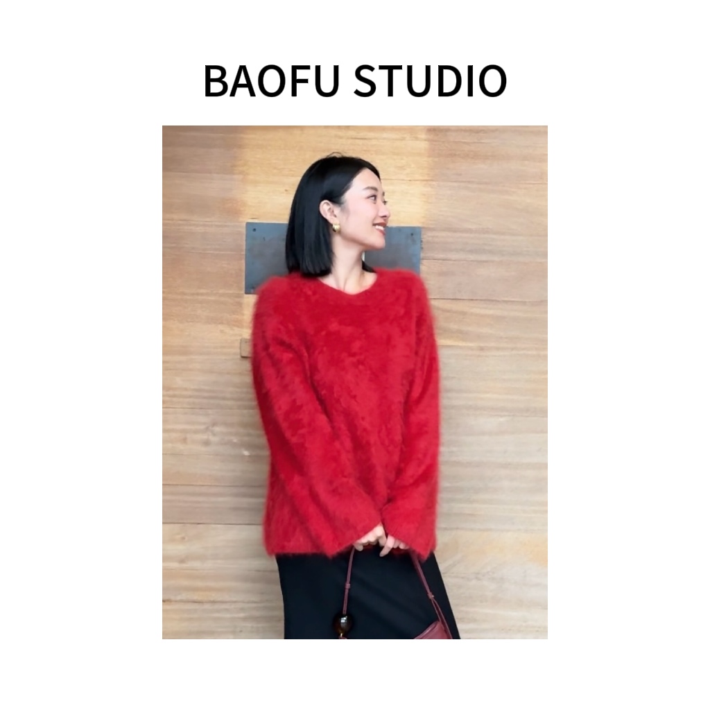 BAOFU studio｜拉毛红羊绒毛衣气质秋冬新款套头宽松红气圆领毛衣