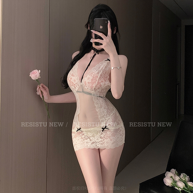 RESISTU朦胧晨露 法式若隐若现蕾丝睡裙性感可内搭挂脖包臀睡裙女
