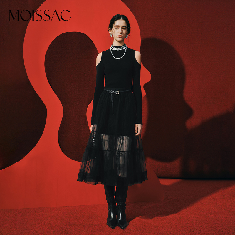 【蒋千金】商场同款 MOISSAC摩萨克春露肩针织拼接网纱连衣裙女