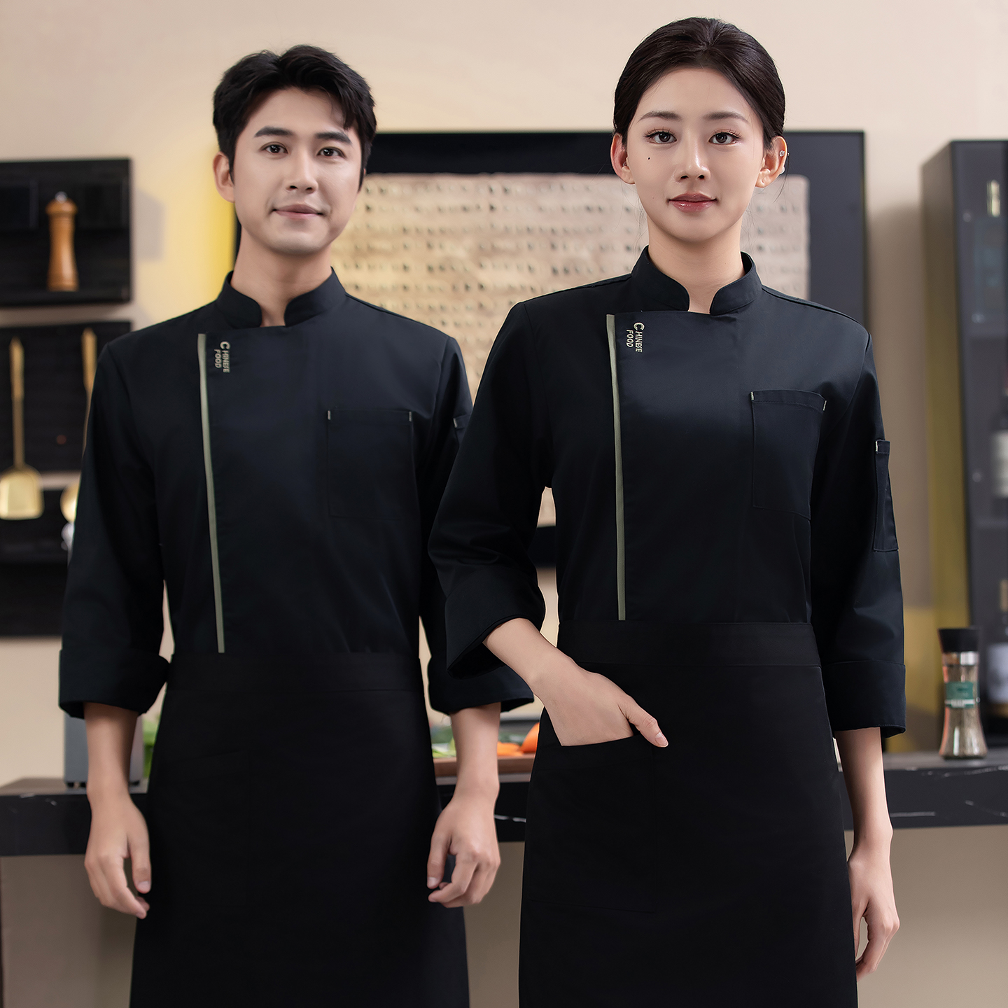 衣元帅系列彩条秋冬厨师服长袖工装制服后厨饭店烘焙简约风工作
