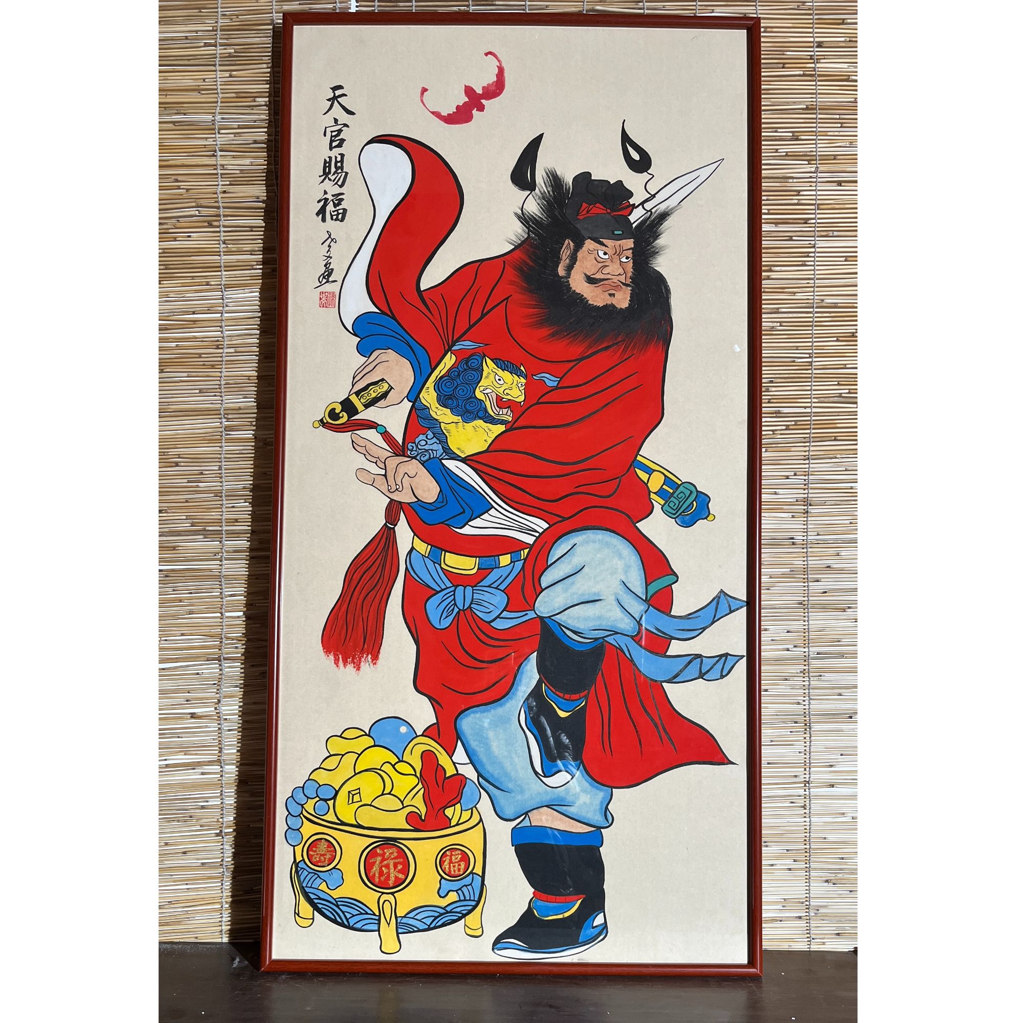 钟馗天官赐福纯手绘带框装裱茶室办公室玄关客厅装饰挂画122*62cm