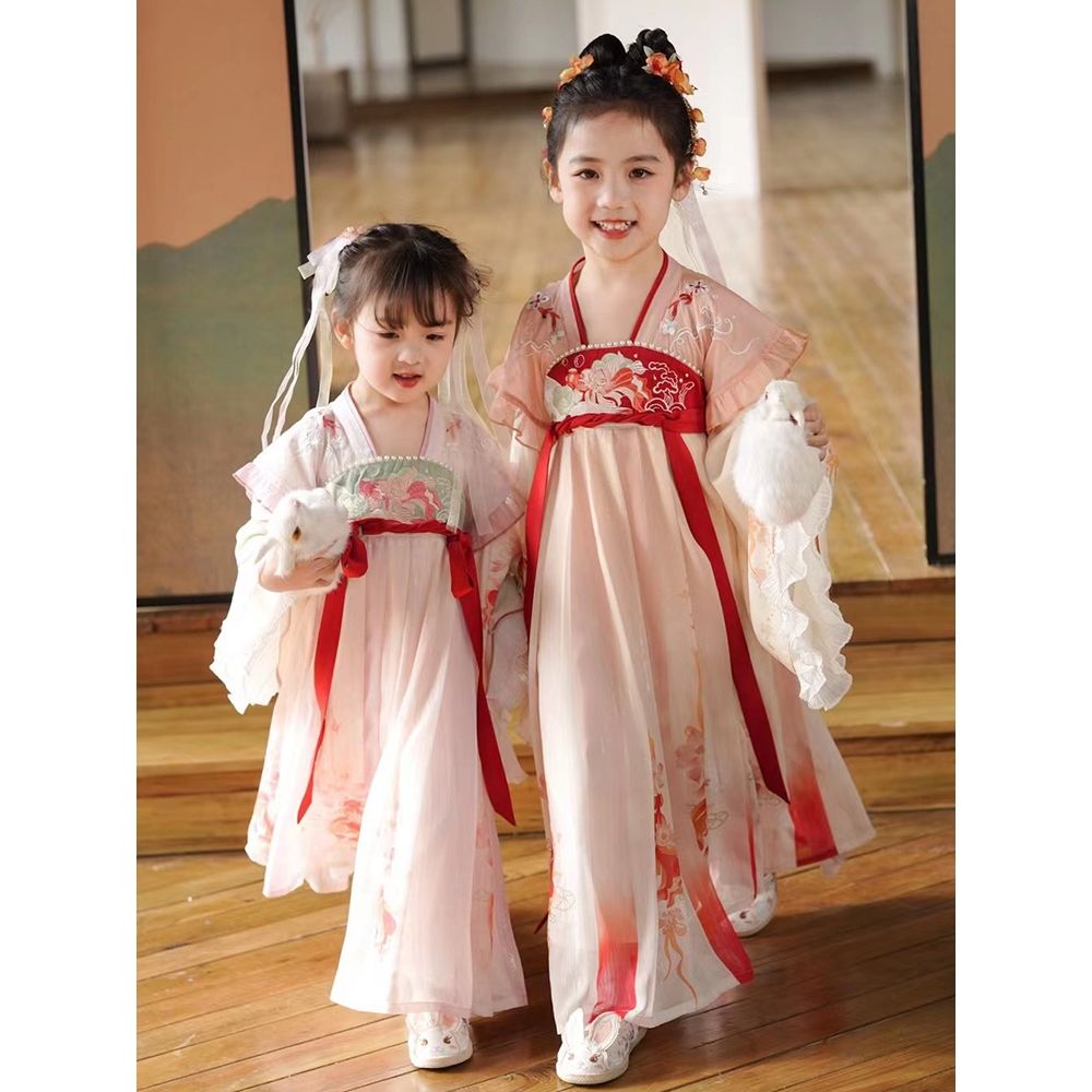 儿童汉服连衣裙长袖红色无腰带库存默认瑕疵不退换