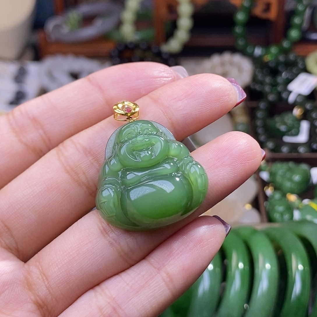 和田玉毕业级老矿料碧玉猫眼金镶佛公未镶嵌