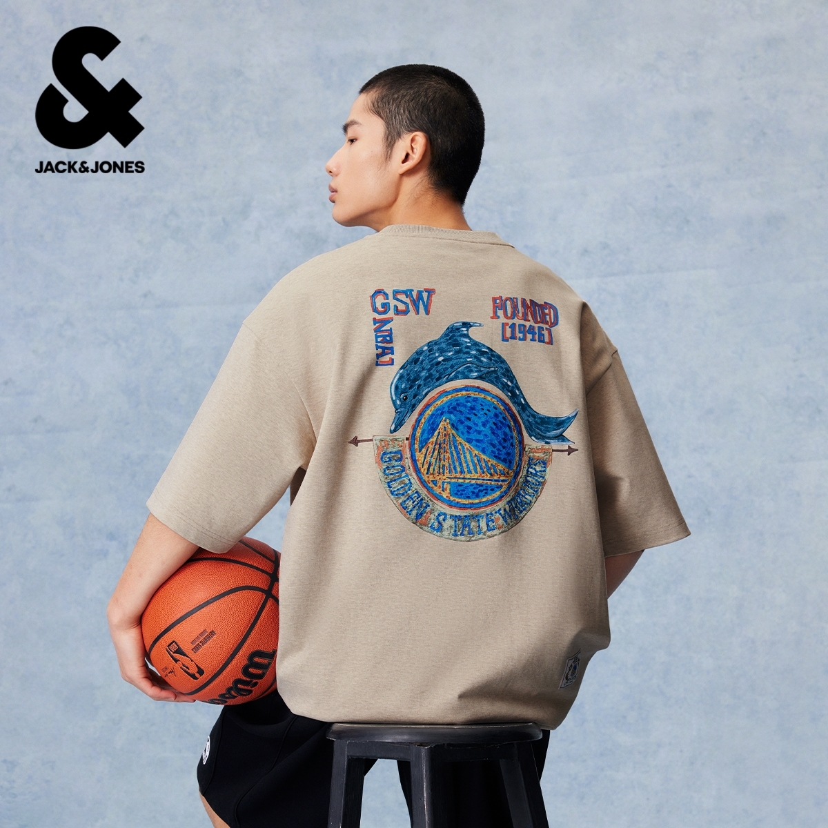 【NBA联名勇士队】杰克琼斯男短袖T恤半袖上衣图案胶印圆领宽松纯棉