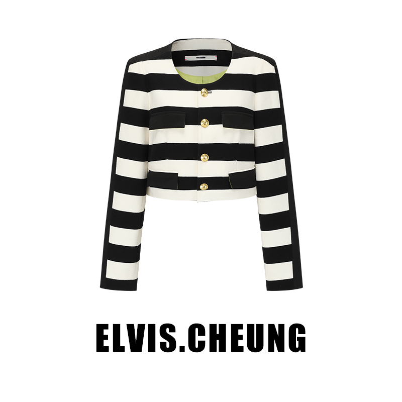ELVIS.CHEUNG黑白针织条纹小香方肩金扣外套短外套开衫