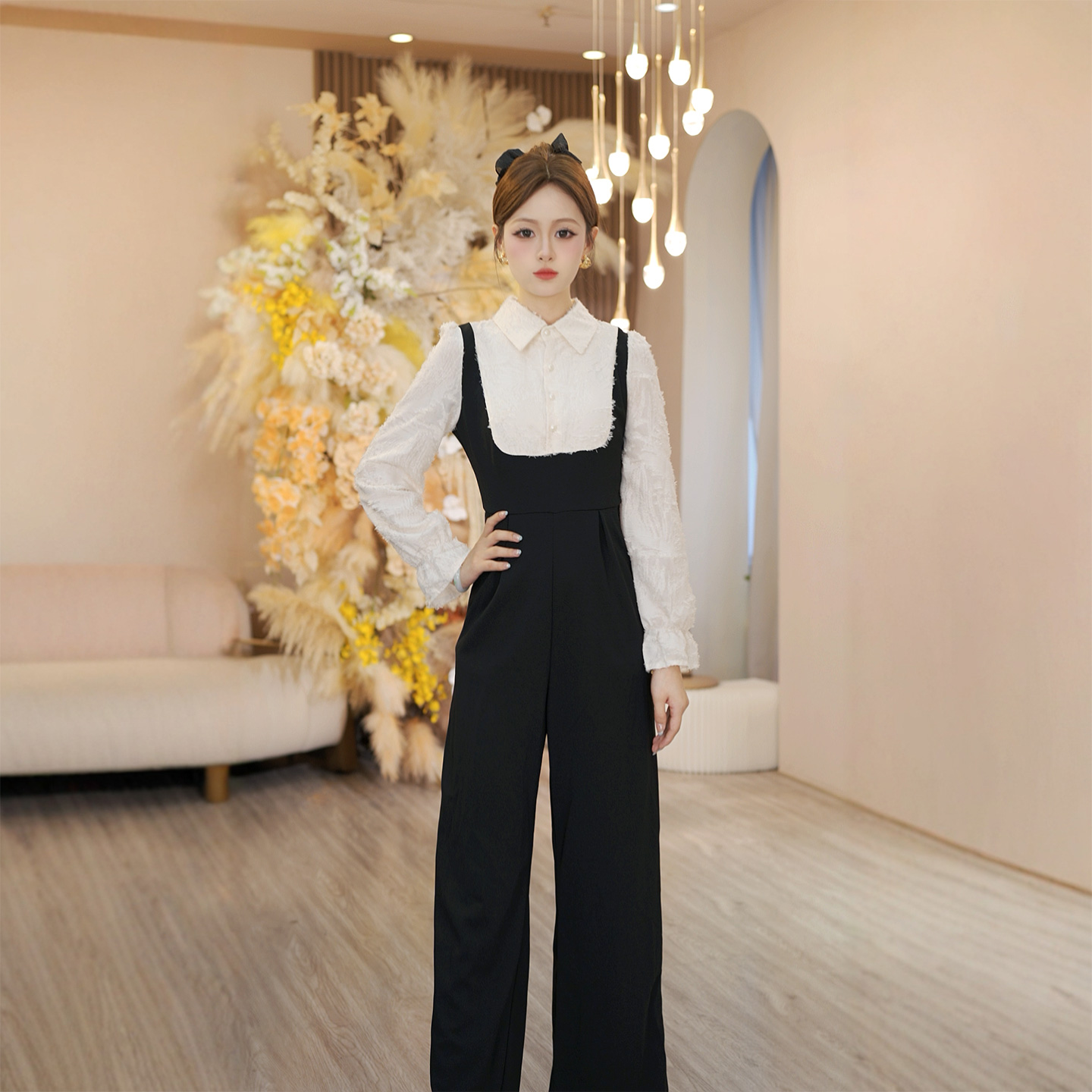 B2025年春秋季新款时尚高级感气质黑白拼接假两件女装连体裤D3634