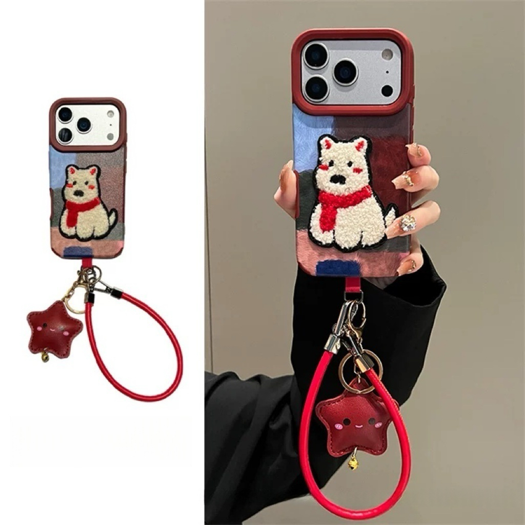 韩系酒红绿刺绣围巾西高地适用苹果17promax手机壳iPhone16pro新