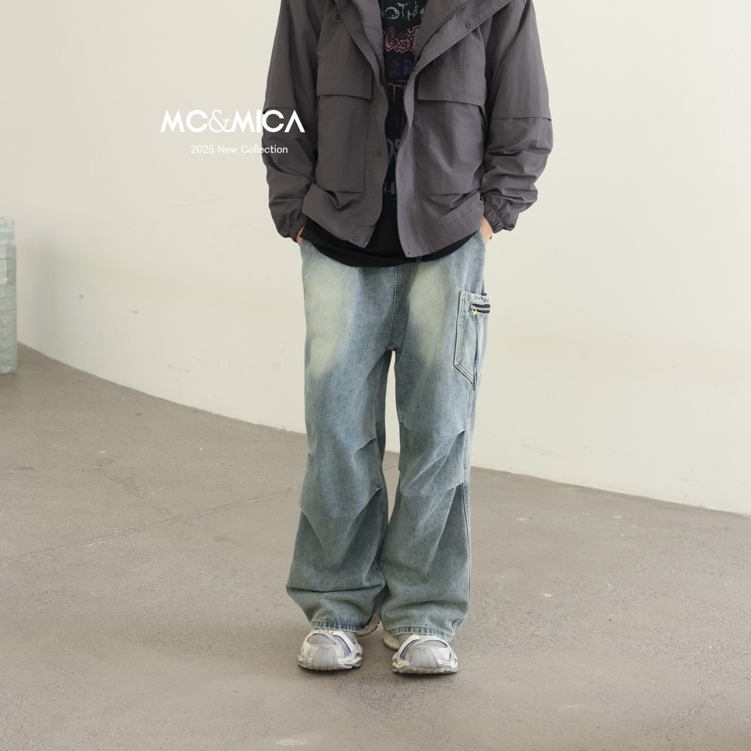 直筒裤男复古长裤拉链水洗牛仔裤ol高街宽松做旧休闲