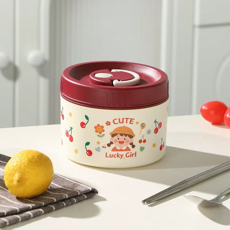 【送勺子】圆形卡通不锈钢保温饭盒学生微波炉加热上班族便当盒