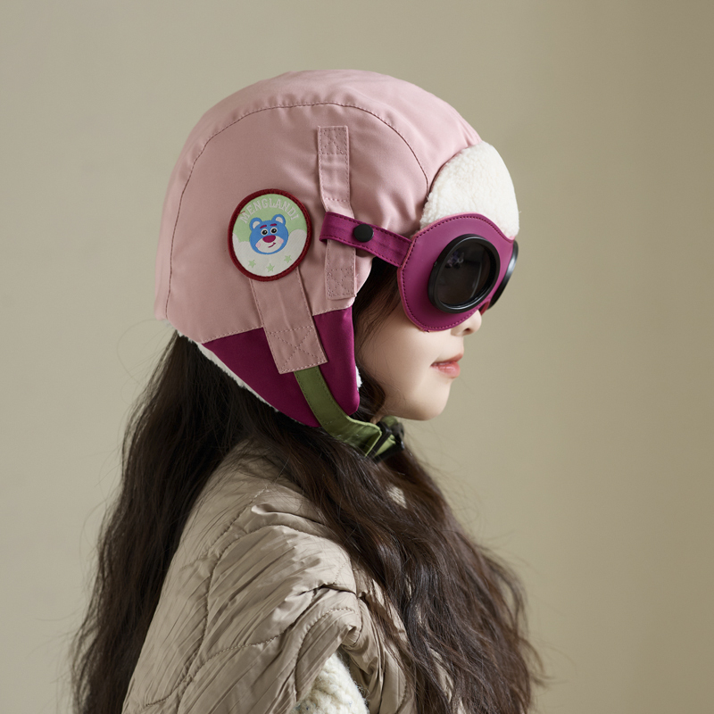 儿童雷锋帽秋冬季男女孩护耳中大童飞行员帽滑雪眼镜东北加绒保暖
