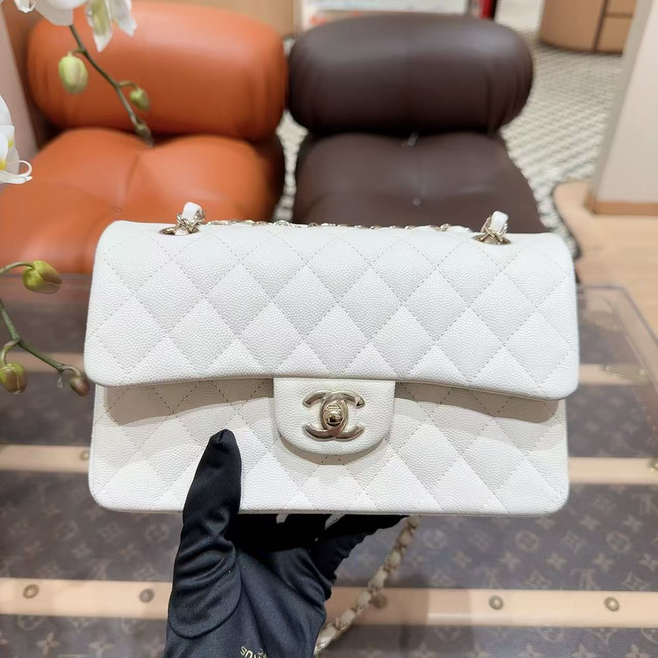 未使用 Chanel/香奈儿 CF 白色金扣荔枝牛皮 芯片款 