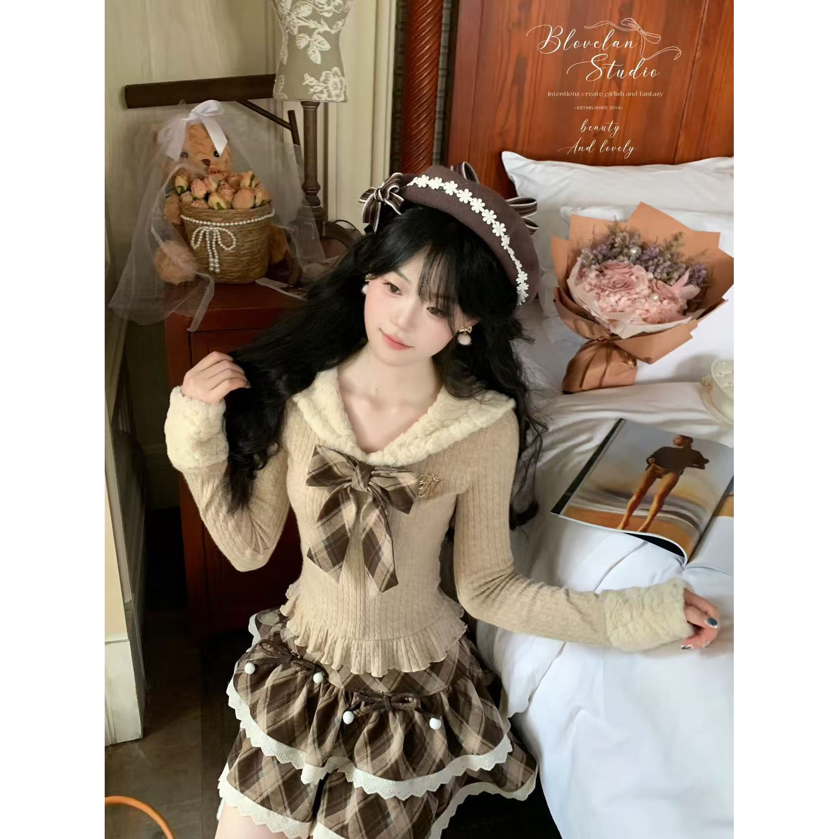 运补6~8 摩卡甜心 美拉德学院风海军领蝴蝶结收腰针织上衣套装