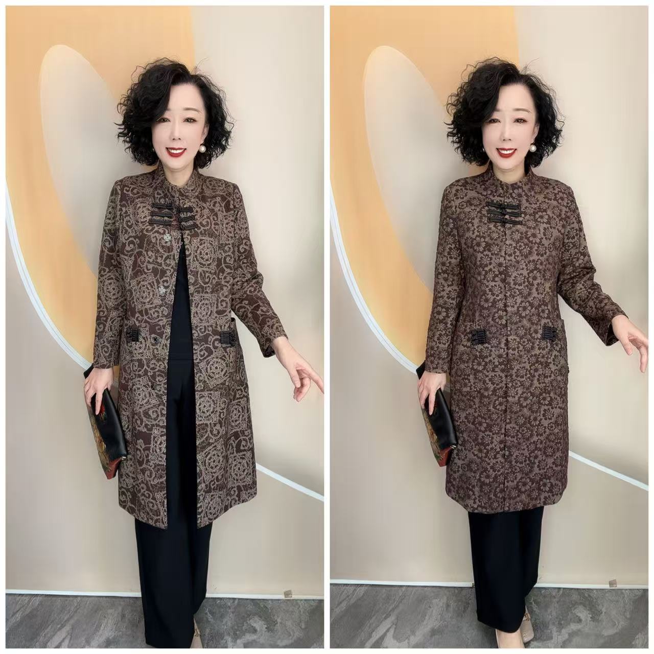 805新款优雅女人中老年妈妈艺术花加里衬宽松大码气质风衣衣长102